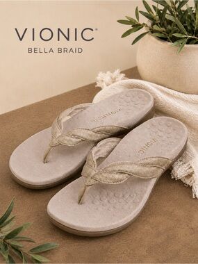 Vionic Bella Braid Sandals Champagne Metallic Wide EU 38.5 US 8 Orthotic Comfort